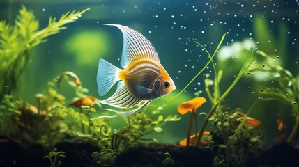 Captivating close up shot of a beautiful freshwater angelfish hovering peacefully amidst lush green aquarium plants showcasing the elegant and mesmerizing underwater world