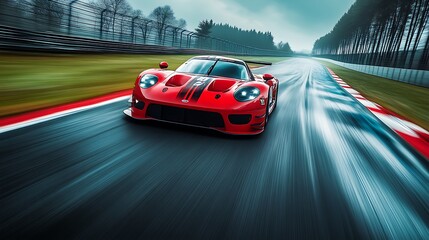 Red sports car speeding on a wet race track.