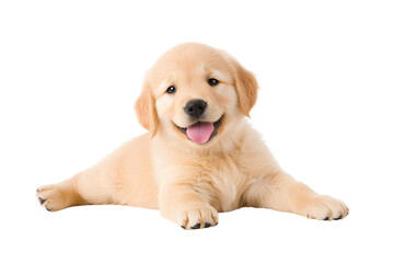 A cheerful golden retriever puppy lying down, with a playful expression and tongue out.