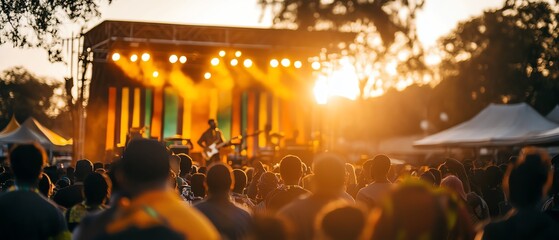 A vibrant outdoor concert scene with a crowd enjoying live music as the sun sets, creating a warm and lively atmosphere.