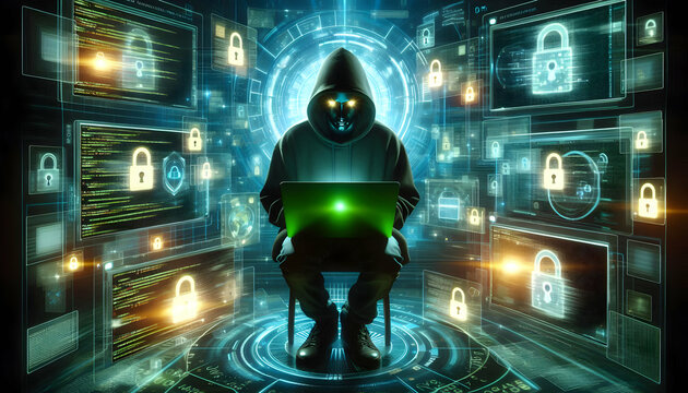 Hacker A mysterious hacker with glowing eyes, typing on a glowing green laptop, surrounded by virtual scree2