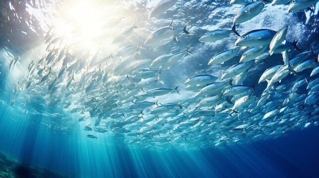 A captivating image showcasing a dense shoal of shimmering silver sardines forming a mesmerizing fluid wall as they swim through the open ocean creating a dynamic and hypnotic natural pattern