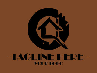 Letter O black circle with house shape inside and placeholder text below. Suitable for real estate marketing materials and construction websites