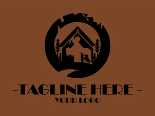 Letter O black circle with house shape inside and placeholder text below. Suitable for real estate marketing materials and construction websites