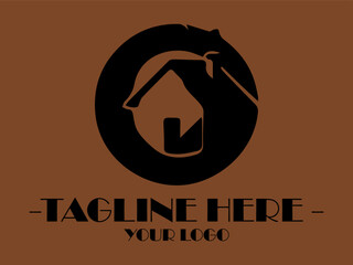 Letter O black circle with house shape inside and placeholder text below. Suitable for real estate marketing materials and construction websites