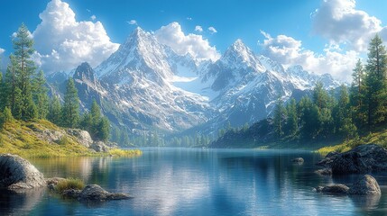 Fototapeta premium A serene mountain landscape with a clear lake and lush greenery under a bright sky.