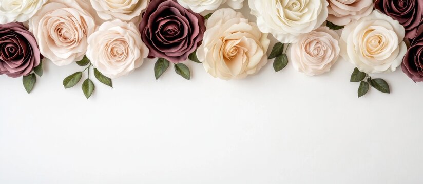 Romantic Rose Flat Lay on White Background with Beige flowers eringium