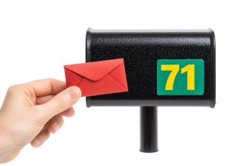 A hand is inserting a red envelope into a black mailbox marked with the number 71.