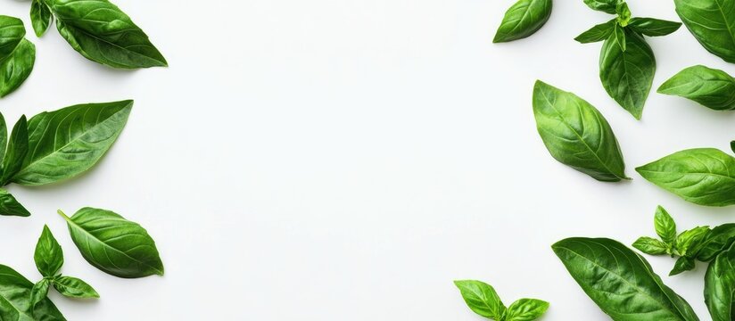 Vibrant fresh basil leaves arranged on a clean white background creating a natural frame with ample copy space for culinary designs