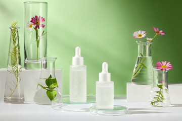A green background for a cosmetics advertisement, an unlabeled mockup of dropper bottles displayed on white and glass podiums, among some lab glassware with chamomiles, green teas, and tea trees.