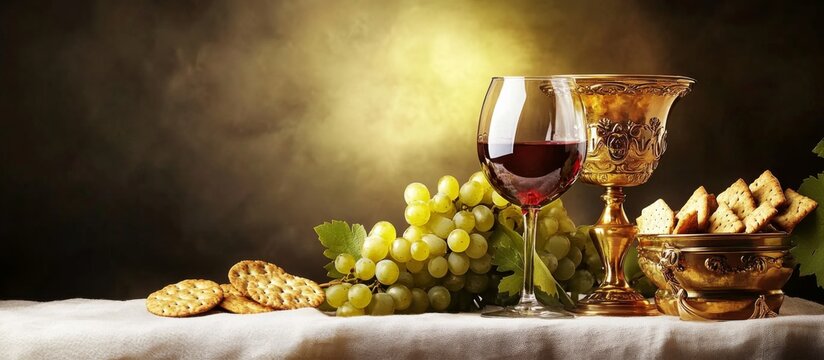 Golden Chalice and Red Wine on Table Setting Holy communion