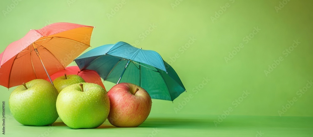Poster colorful umbrellas shielding green apples in a vibrant studio setting with ample space for text and 