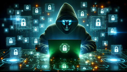 Hacker A hooded figure with glowing eyes, sitting in front of a glowing green laptop, surrounded by floatin2