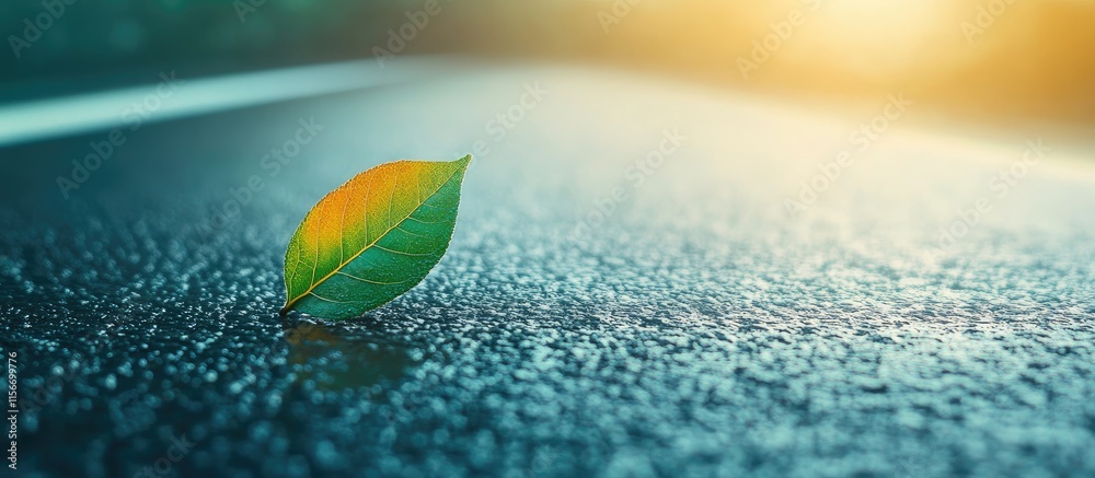 Poster wet road with colorful leaf in soft light creating a serene atmosphere and ample empty space for tex