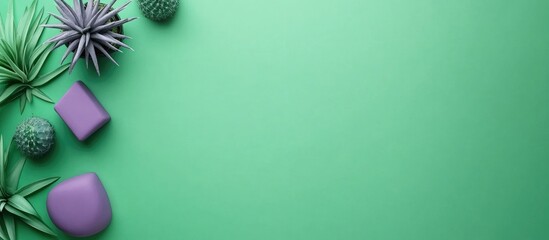 Vibrant green and purple objects with a cactus on a green background ideal for creative designs and text insertions