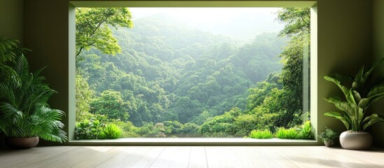 Green and White Living Room Interior with Expansive Nature View and Clear Copy Space for Text or Branding