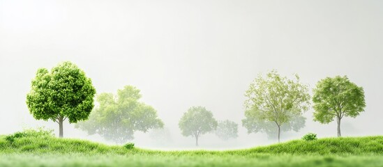 Fototapeta premium Green Landscape with Lush Trees and Misty Background Featuring Space for Text on Conservation and Ecosystem Wellness