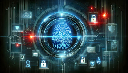 Hacker A glowing fingerprint scanner with phishing links and email alerts hovering around it, set in a high2