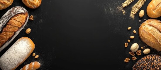 Gluten Free Bread Display on Dark Surface with Decorative Grains and Nuts for Promotional Banner and Text Space