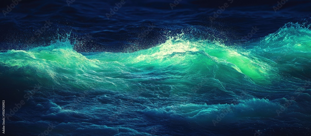 Poster illuminated neon ocean waves in a dark setting creating a serene and mystical atmosphere with space 