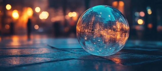 Illuminated translucent sphere on urban street at night with bokeh lights and space for customizable text or graphics