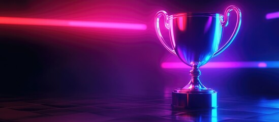 Neon trophy illuminated in vibrant colors creating a fantasy atmosphere with space for customized text or branding elements