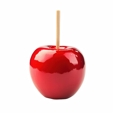 red candy apple with wooden stick isolated on transparent background Generative Ai.
