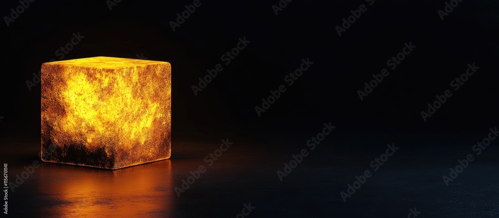 Poster illuminated cube in dark abstract setting with ample negative space for text or graphic overlay show