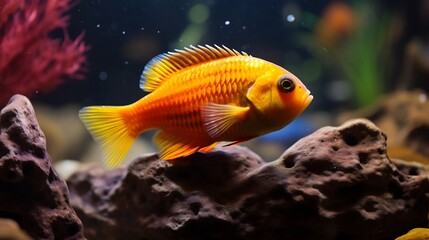 Fototapeta premium Closeup of a bright orange cichlid fish fiercely guarding its territory in a rocky planted freshwater aquarium