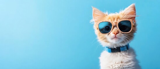 Ginger cat wearing sunglasses with a white dog on a bright blue background ideal for a fun pet yard party invitation or social media post