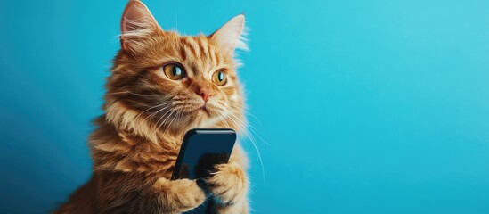 Ginger cat holding smartphone against blue backdrop showcasing virtual veterinary services with space for text or branding.