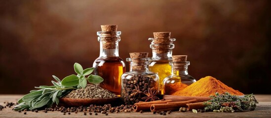 Assorted spices and herbs on wooden table with Ayurvedic medicine theme displayed