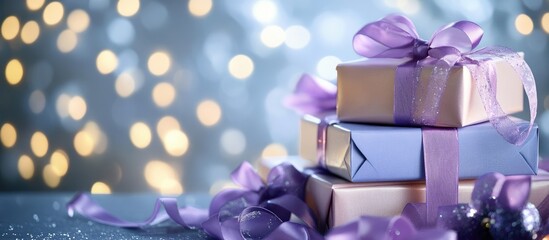 Colorful gift boxes with lilac ribbons on a blurred bokeh background creating an inviting atmosphere for Valentine's Day celebration.