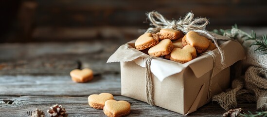 Gift box with heart shaped cookies on rustic wooden background perfect for celebrations with space for text and personal messages