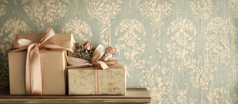Gift boxes wrapped with elegant ribbons against a vintage wallpaper backdrop with blank space for personalized messages or branding.