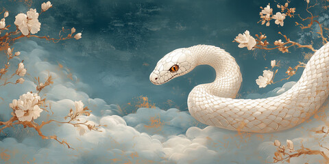 A refined Year of the Snake New Year’s card with pastel sky blue tones, cloud-like patterns, and a matte silver-gold snake. Space for messages