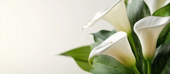 Elegant calla lily floral arrangement with lush greenery and blank space for text ideal for invitations or announcements.