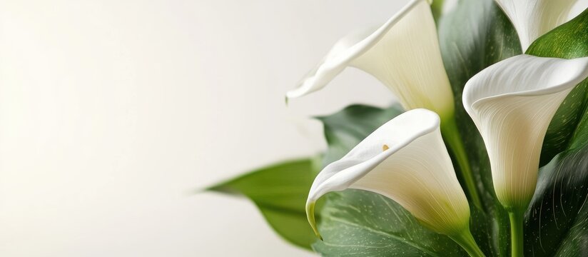 Elegant calla lily floral arrangement with lush greenery and blank space for text ideal for invitations or announcements.