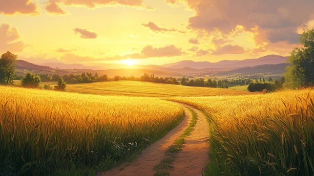A serene view of ripe wheat fields bathed in golden sunset light, a dirt path winding through the farm