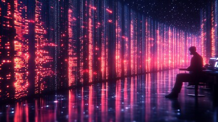 Hacker working in server room with glowing data streams.