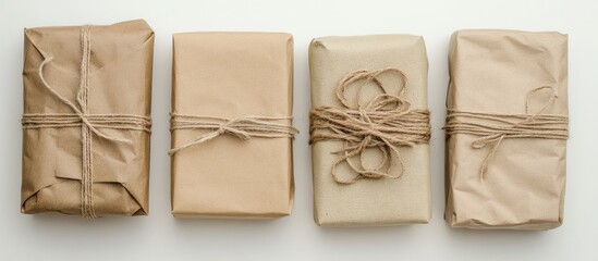 Kraft paper gift wrapping with twine arranged in a row and empty space for personalized text and holiday greetings