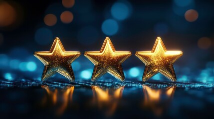 Three golden stars on dark blue background with bokeh lights.