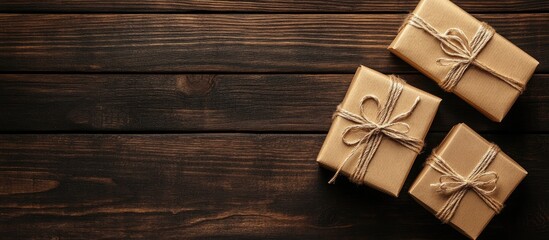 Fototapeta premium Valentine's Day Gift Boxes with Twine on Wooden Background Featuring Empty Space for Text and Customization