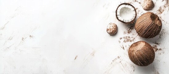 Obraz premium Coconuts arranged on a marble surface with space for text showcasing fresh tropical fruit for culinary and health themes