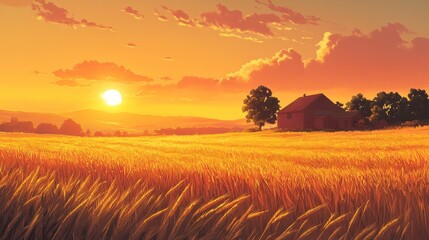 Fototapeta premium A tranquil sunset over a farm landscape, wheat fields glowing in soft amber light, with distant hills on the horizon 