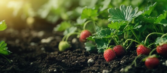 Vibrant freshly harvested strawberries in a lush garden setting with ample empty space for promotional or textual overlays