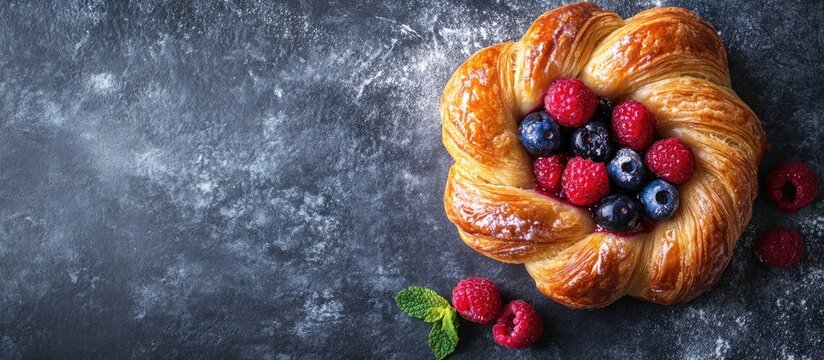 Freshly Baked Danish Pastry with Mixed Berries on Dark Rustic Background Ideal for Culinary and Dessert Promotion
