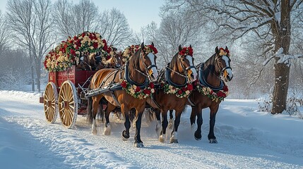 A festive horse-drawn carriage adorned with flowers travels through a snowy landscape.