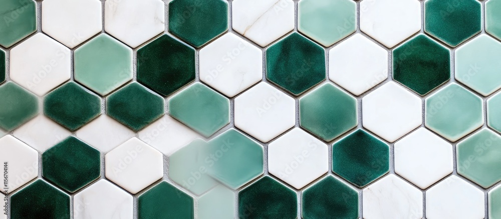 Poster elegant green and white hexagonal polished tiles with ample empty space for text display and creativ