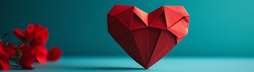 A vibrant red origami heart placed elegantly on a teal background, accompanied by delicate flowers, symbolizing love and creativity.